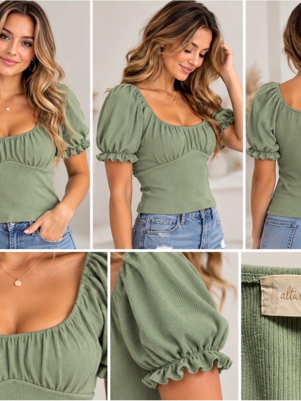 Altar'd State Sage Green Ribbed Puff Sleeve Crop Top